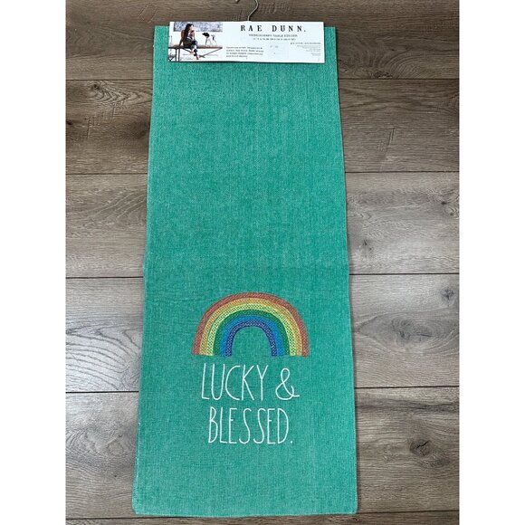 Rae Dunn Embroidered Table Runner 14 x 72" Green Lucky & Blessed Rainbow New - Picture 1 of 6